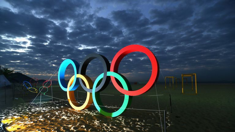 The Olmypic Rings are displayed at the Copacabana beach ahead of the Rio 2016 Olympic Games on August 2, 2016