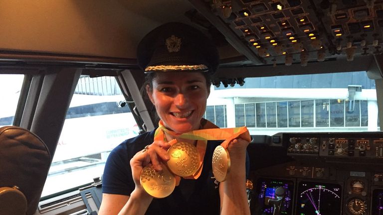 Dame Sarah Storey in the cockpit of the plane. Pic: @ParalympicsGB
