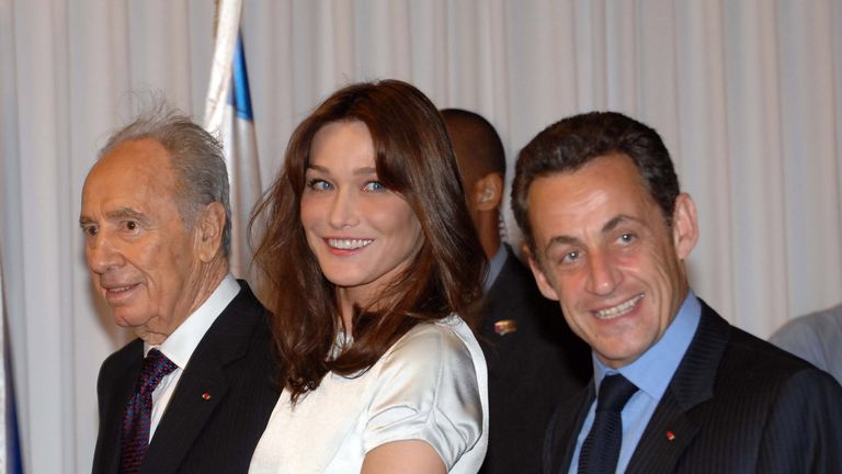 Shimon Peres hosts visiting French president Nicolas Sarkozy and his wife Carla Bruni-Sarkozy marking Israel&#39;s 60th anniversary as a Jewish state. on June 23, 2008 in Jerusalem