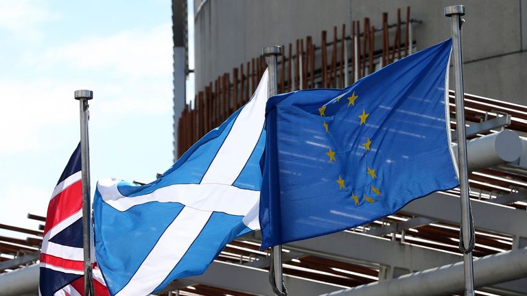 The Union Jack, Saltaire and EU flags fly outside the Scottish parliament buildings