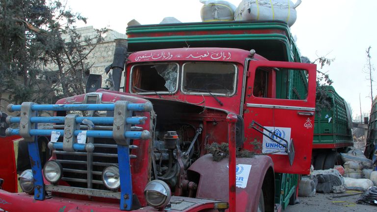 A damaged UNHCR truck after an airstrike