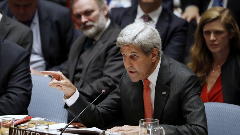 U.S. Secretary of State John Kerry addresses Russian actions in Syria during a meeting of the United Nations Security Council to address the situation in the Middle East during the General Assembly for the 71st session of the U.N. General Assembly at U.N. headquarters in New York, U.S., September 21, 2016. REUTERS/Lucas Jackson