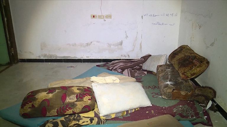 Fighters from the Manbij Military Council have found a prison used by Islamic State group (IS) militants to imprison and torture women, according to news agency Arab24. Pictured are mattresses and blankets on the floor.