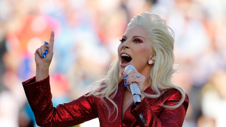 Lady Gaga sings the US national anthem before Super Bowl 50