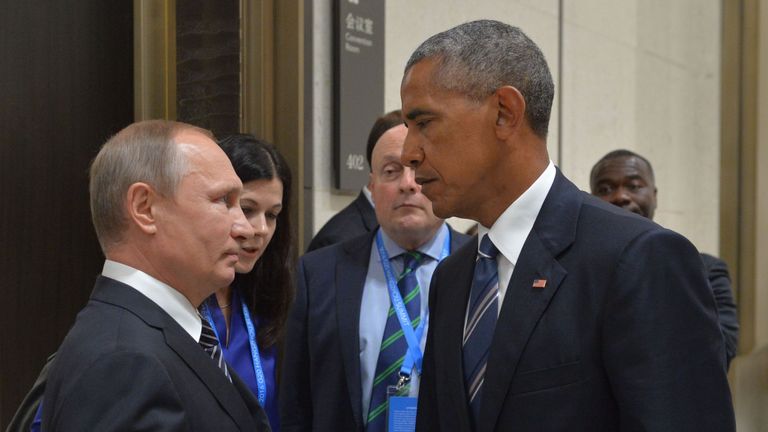Russian President Vladimir Putin (L) meets with his US counterpart Barack Obama on the sidelines of the G20 Leaders Summit in Hangzhou on September 5, 2016