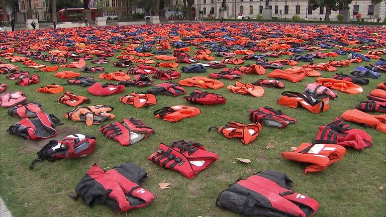 Lifejackets at Parliament Square in refugee protest