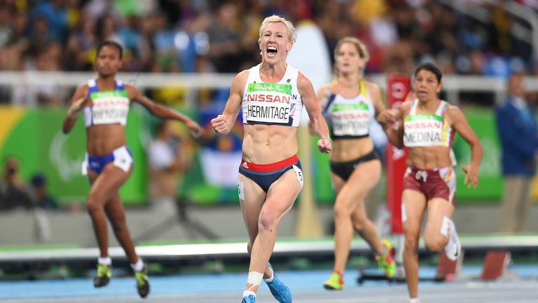 Gold medalist Georgina Hermitage of Great Britain celebrates after winning the women&#39;s 100 meter T37 on day two of the Rio 2016 Paralympic Games at Olympic Stadium on September 9, 2016 in Rio de Janeiro, Brazil