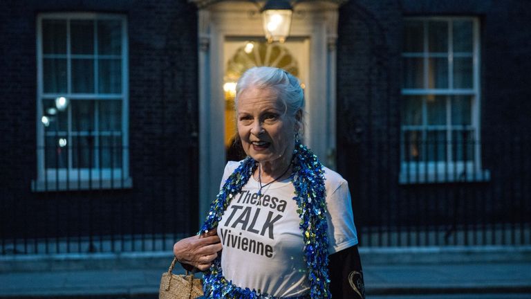 Designer Vivienne Westwood wears a Theresa Talk Vivienne T-shirt as she arrives for a celebration of British fashion hosted by PM Theresa May and Natalie Massenet