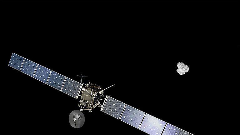 Artist&#39;s impression of the Rosetta spacecraft approaching comet 67P/Churyumov-Gerasimenko