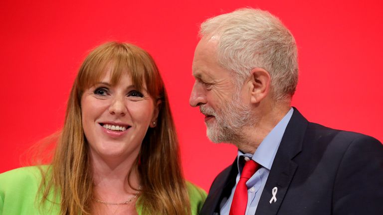 Shadow Education Secretary Angela Rayner at the Labour Party Conference with the party&#39;s leader.