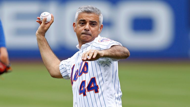 Mayor of London, Sadiq Khan, throws out the ceremonial first pitch prior to the Minnesota Twins taking on the New York Mets 
