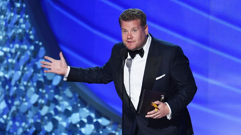 James Corden presenting a gong at the Emmy Awards in Los Angeles