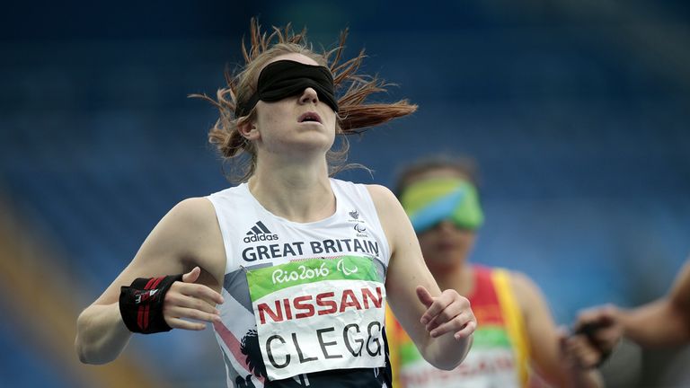 Libby Clegg of Great Britain celebrates after winning the women&#39;s 100m - T11 Semifinals at the Olympic Stadium on Day 2 of the Rio 2016 Paralympic Games on September 9, 2016 in Rio de Janeiro, Brazil