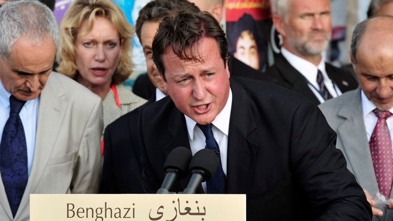 Former prime minister David Cameron makes a speech in Libya in 2011