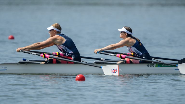 Laurence Whitely and Lauren Rowles take the gold medal in the TA mixed double sculls