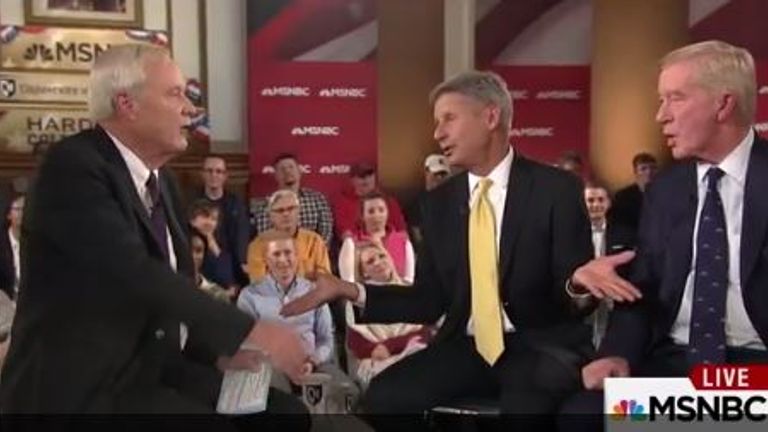 US presidential nominee Gary Johnson guests on MSNBC show with Chris Matthews (L) and Chris Weld (R)