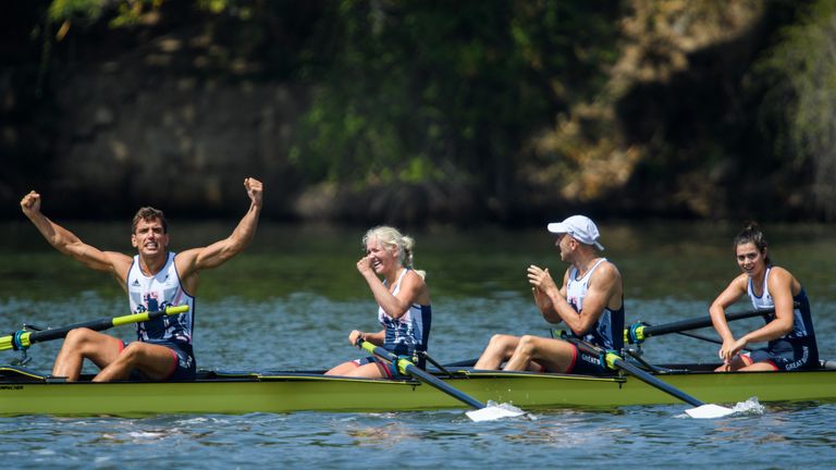 Great Britain's Grace Clough (bow), Daniel Brown, Pamela Relph, James Fox and Oliver James (cox) in the LTA Mixed Coxed Four, Rio Brazil