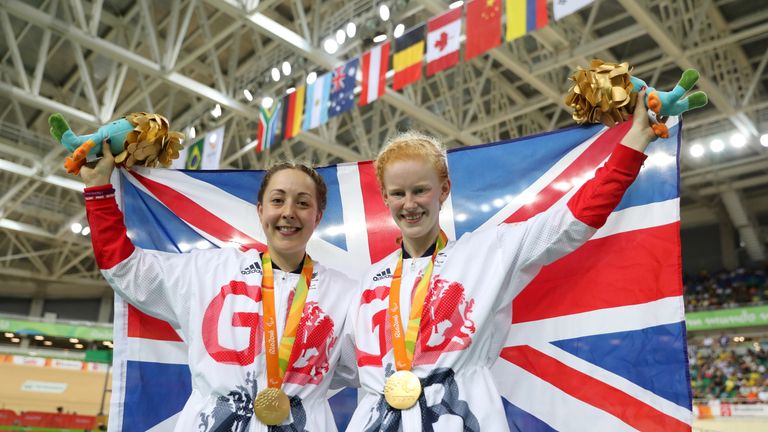Great Britain's Sophie Thornhill (left) and Helen Scott on the podium after winning gold in the Women's B 1000m Time Trial 