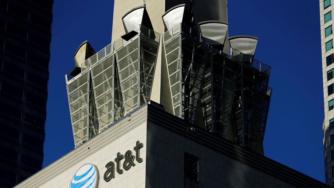 An AT&T logo is shown on a building in downtown Los Angeles