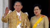 King Bhumibol Adulyadej and Queen Sirikit on the 60th anniversary of the king&#39;s coronation in Bangkok on 9 June, 2006