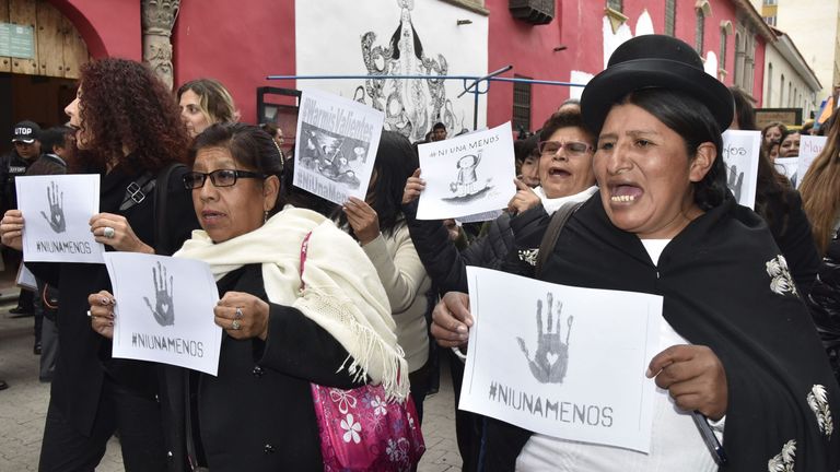 Women take part in a march in La Paz, Bolivia