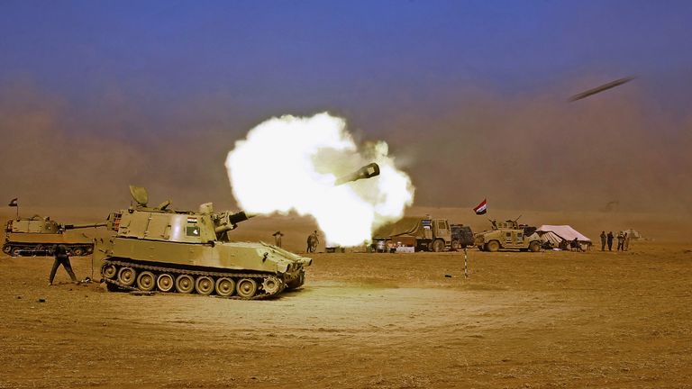 An Iraqi forces M109 self-propelled howitzer fires towards the village of Tall al-Tibah