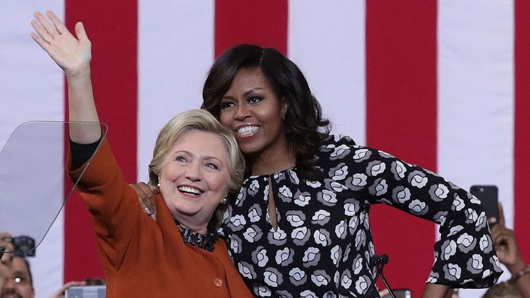 Hillary Clinton and Michelle Obama on stage