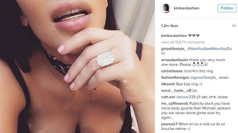Kim Kardashian shows off a ring on Instagram