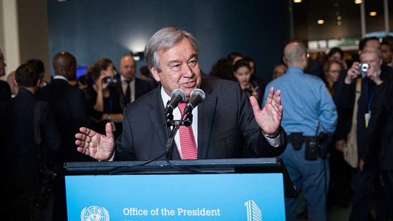 M Guterres at the UN headquarters after his appointment was confirmed