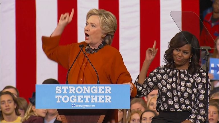 The First Lady and former First Lady appear on stage together for the first time