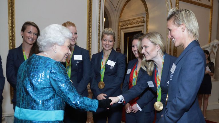 Queen Elizabeth II meets athletes during a reception for Team GB and ParalympicsGB medallists from the 2016 Olympic and Paralympic Games at Buckingham Palace in London