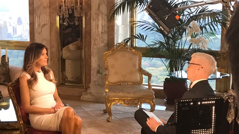 Melania Trump sits down with CNN television host Anderson Cooper during an exclusive interview in New York, to be aired October 17, 2016. Courtesy CNN/Handout via REUTERS ATTENTION EDITORS - THIS IMAGE WAS PROVIDED BY A THIRD PARTY. EDITORIAL USE ONLY.NO RESALES. NO ARCHIVE. TPX IMAGES OF THE DAY