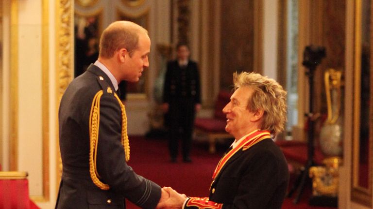 Veteran singer Sir Rod Stewart is made a Knights Batchelor by the Duke of Cambridge during an Investiture ceremony at Buckingham Palace in London