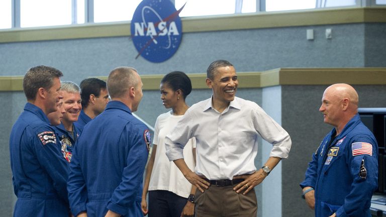 Barack Obama and First Lady Michelle Obama at the Kennedy Space Center in Cape Canaveral, Florida, in 2011