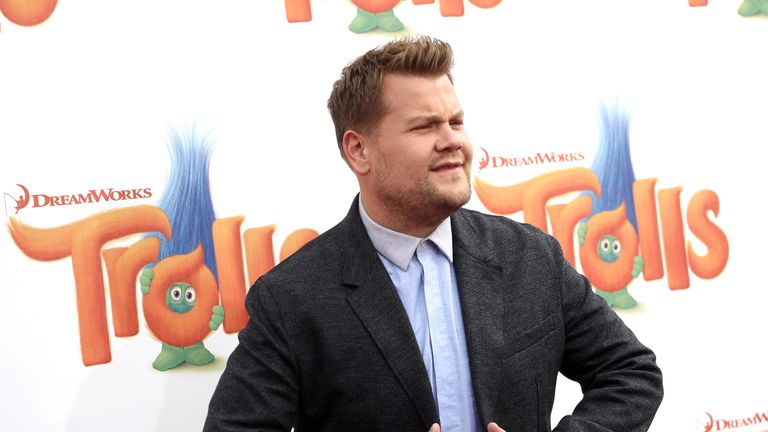 James Corden, who voices the character Biggie,  was at the premiere of Trolls in Westwood, California