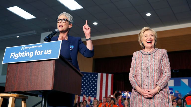 'I'm going to play all of our women's cards,' actress Jamie Lee Curtis introduces Hillary Clinton at a rally