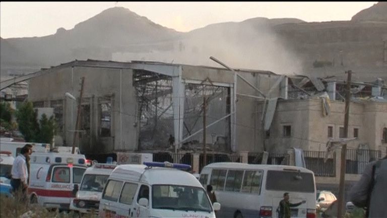 The remains of a community hall in  the Yemen capital Sanaa after an airstrike