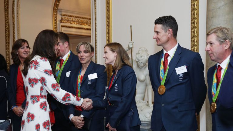 The Duchess of Cambridge meets athletes during a reception for Team GB and ParalympicsGB medallists from the 2016 Olympic and Paralympic Games at Buckingham Palace in London