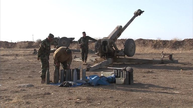 Peshmerga artillery in the hills above Mosul, Iraq