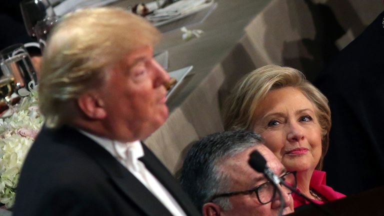 Mrs Clinton clearly wasn't amused at certain points in Mr Trump's speech