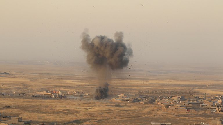 Smoke rises at Islamic State militants' positions in the town of Naweran 