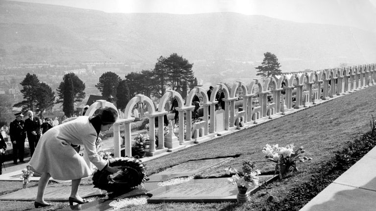 The Queen lays a wreath to commemorate the victims of the Aberfan disaster of 1966