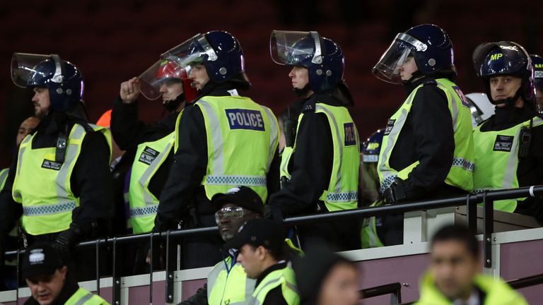 Riot police in the crowd during the EFL Cup tie