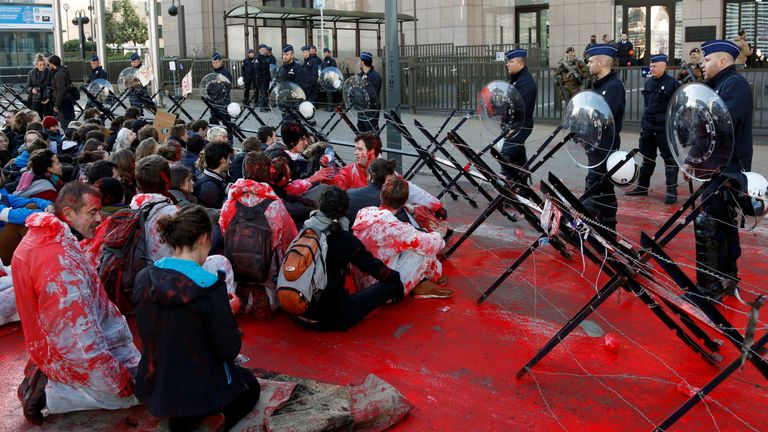 A demonstration outside the European Council building against CETA