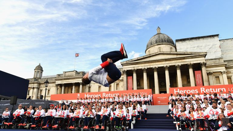 Max Whitlock performs for the spectators during the Olympics & Paralympics Team GB - Rio 2016 Victory Parade at Trafalgar Square 