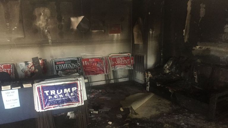 Interior of firebombed Republican Party headquarters in Hillsborough town, Orange County North Carolina