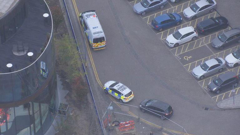 Aerial shot of police outside North Greenwich Tube Station on Oct 20, 2016. Station is shut and a controlled explosion carried out after discovery of &#39;suspicious item&#39; on tube