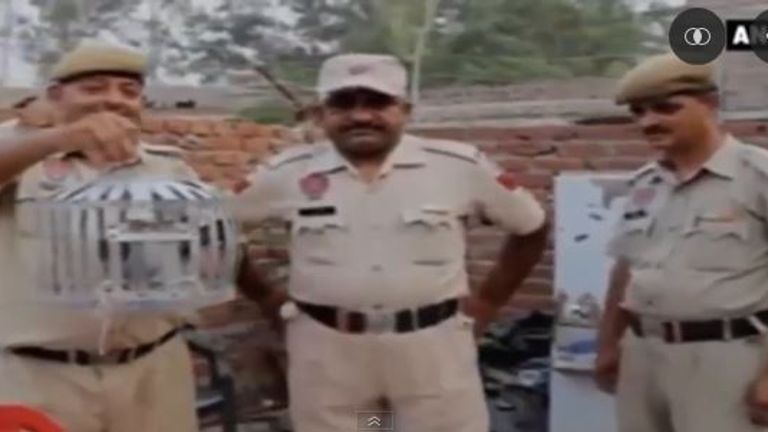 Police display the captured pigeon