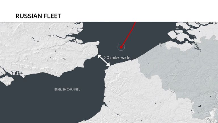 A graphic showing the route of a flotilla of Russian warships is taking through the English Channel
