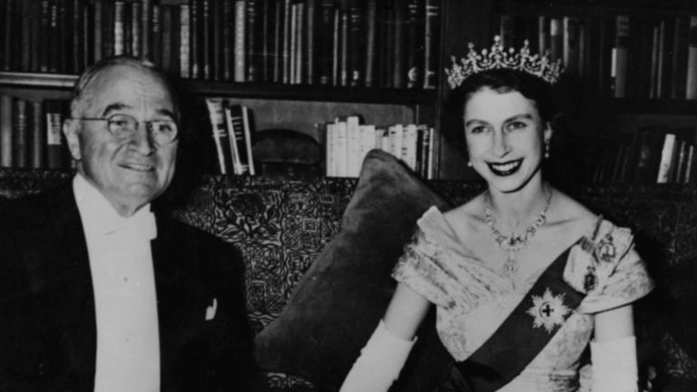 President Harry S Truman sitting with Princess Elizabeth during a dinner at the Canadian Embassy in Washington DC, circa 1950. (Photo by Keystone/Hulton Archive/Getty Images)
